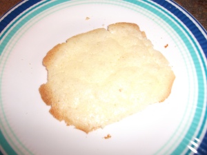 A pre-fluffed piece of cloud bread. It's delicious even before it puffs up.